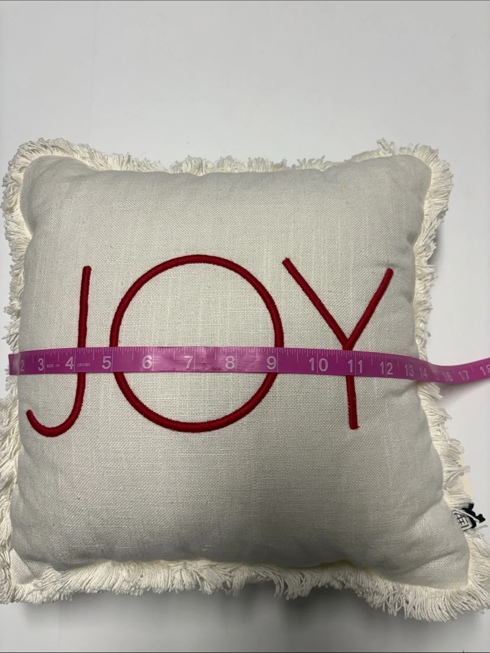 JOY Embroidered Fringe Holiday Throw Pillow - Cream with Red